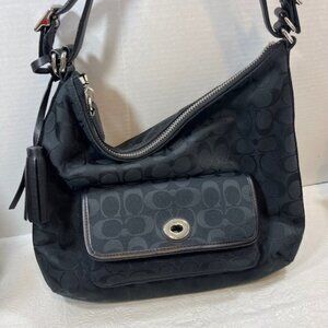 Black Coach Signature Cs Canvas Hobo Shoulder Bucket Zip Bag w/Turn Lock EUC